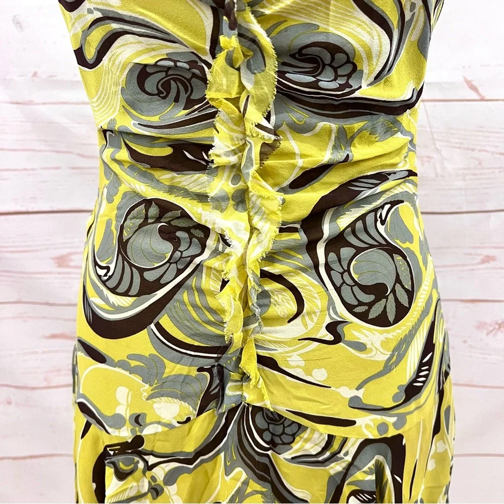 Vintage BCBG Maxazria Y2K Chartreuse Psychedelic Paisley Silk Art Deco Dress